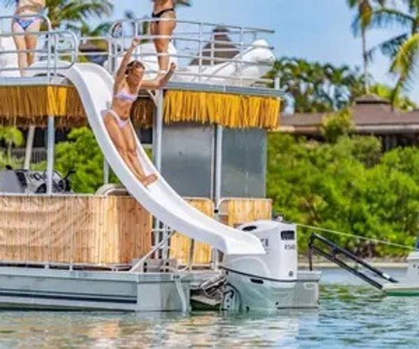 Private Double Slide Tiki Boat Bareboat Charter to a Beautiful Private Island (7-12 Guests)