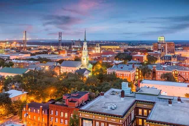 Savannah's downtown skyline at dusk