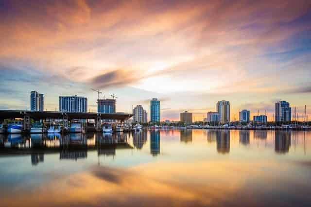 Downtown city skyline at twilight on the bay St. Petersburg, FL