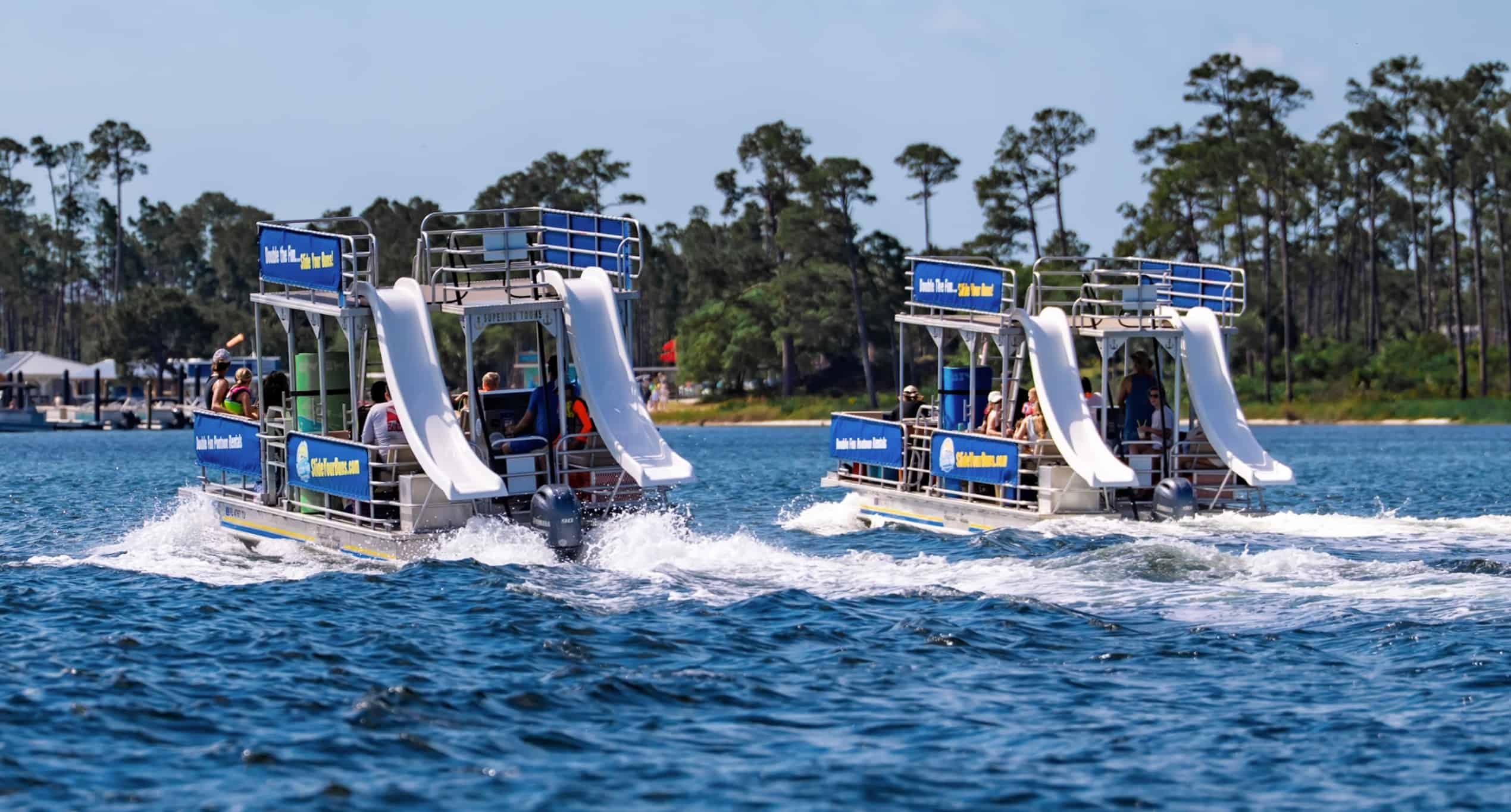 Double-Decker-Pontoon-Rental-with-2-Waterslides