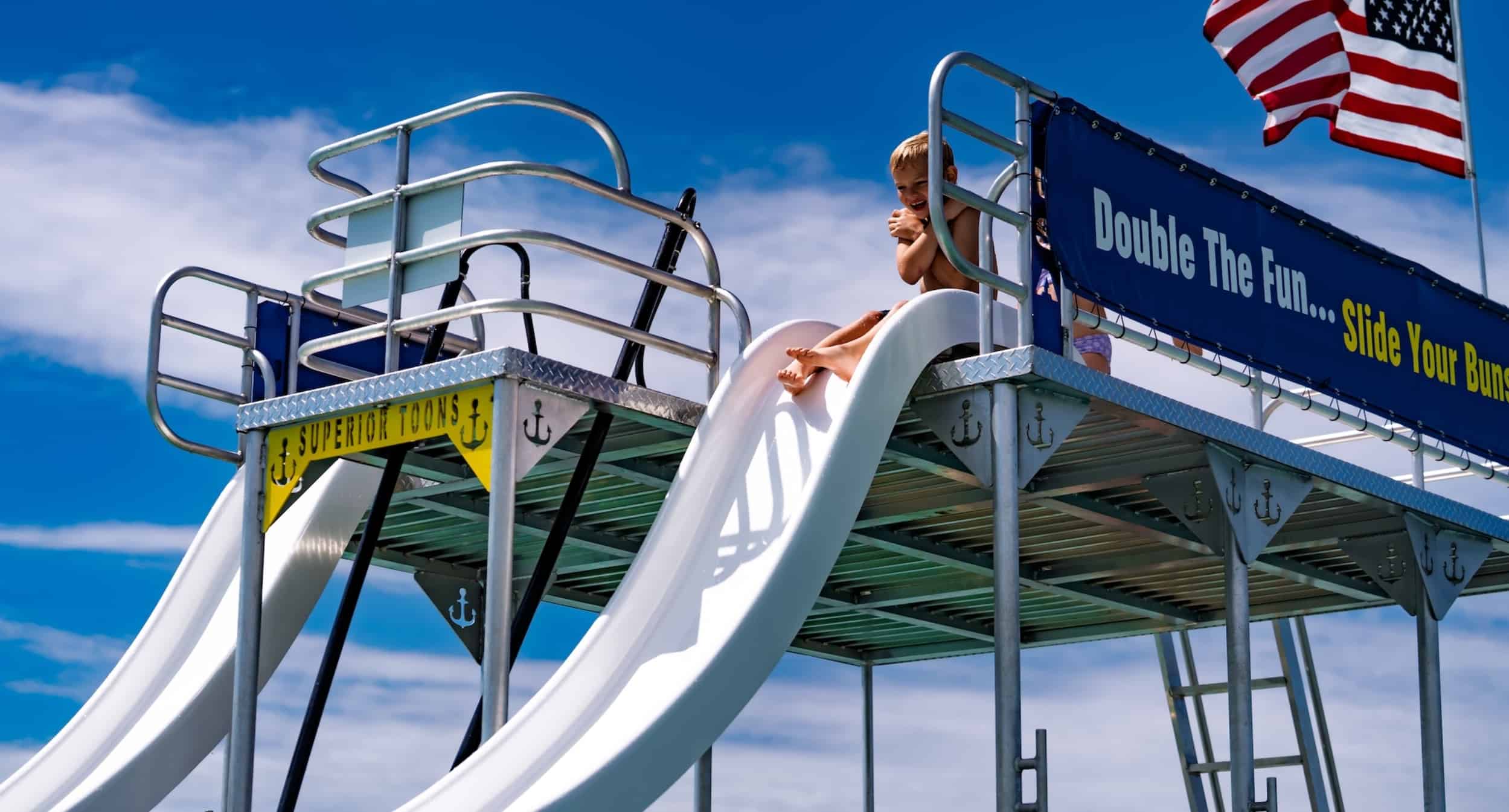 Double-Decker-Pontoon-Rental-with-2-Waterslides