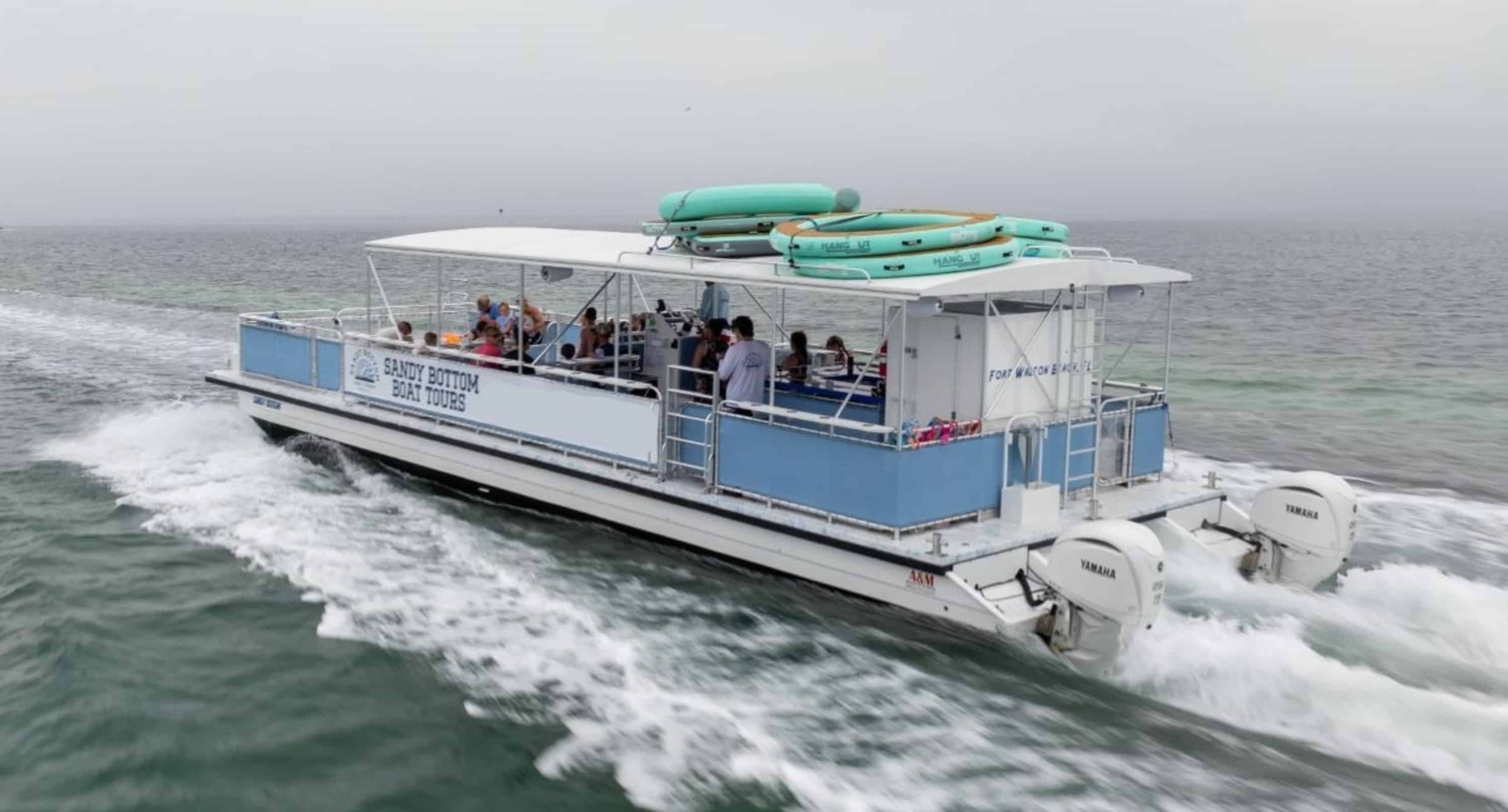 Fort-Walton-Beach-Crab-Island-Boat-Tour-With-Water-Toys-And-Floats